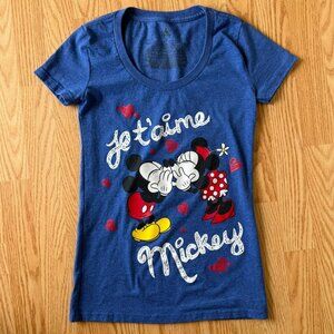 Disney Womens Size XS Je T'aime Mickey Minnie Graphic Tee Love Blue TShirt